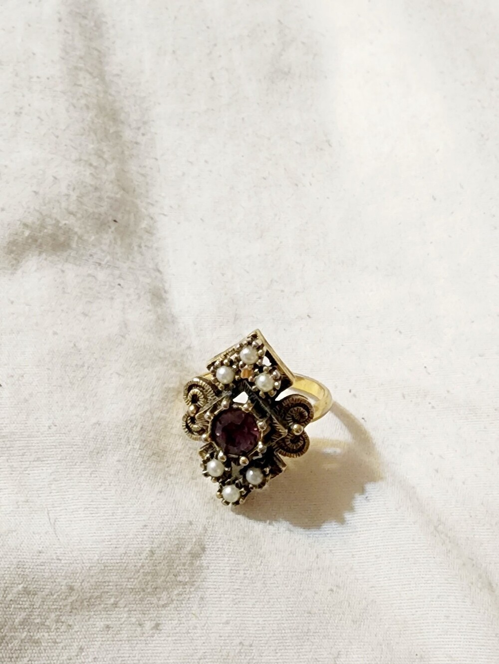 Sarah Coventry Gold-Tone Ring with Purple Center and Pearl Accents